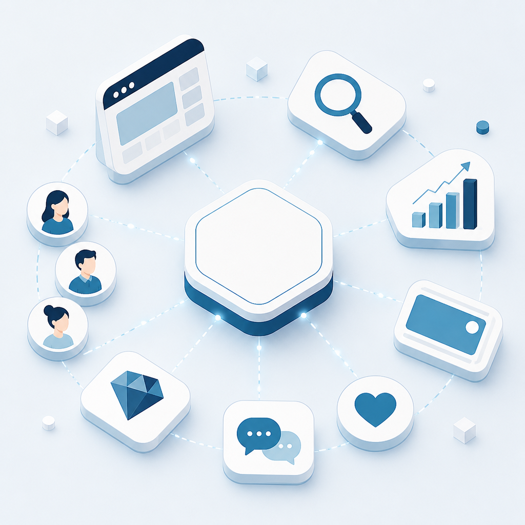 Illustration of Bluehive connecting a business's website, search, SEO, advertising, social media, brand, customers and enquiries into one ecosystem.
